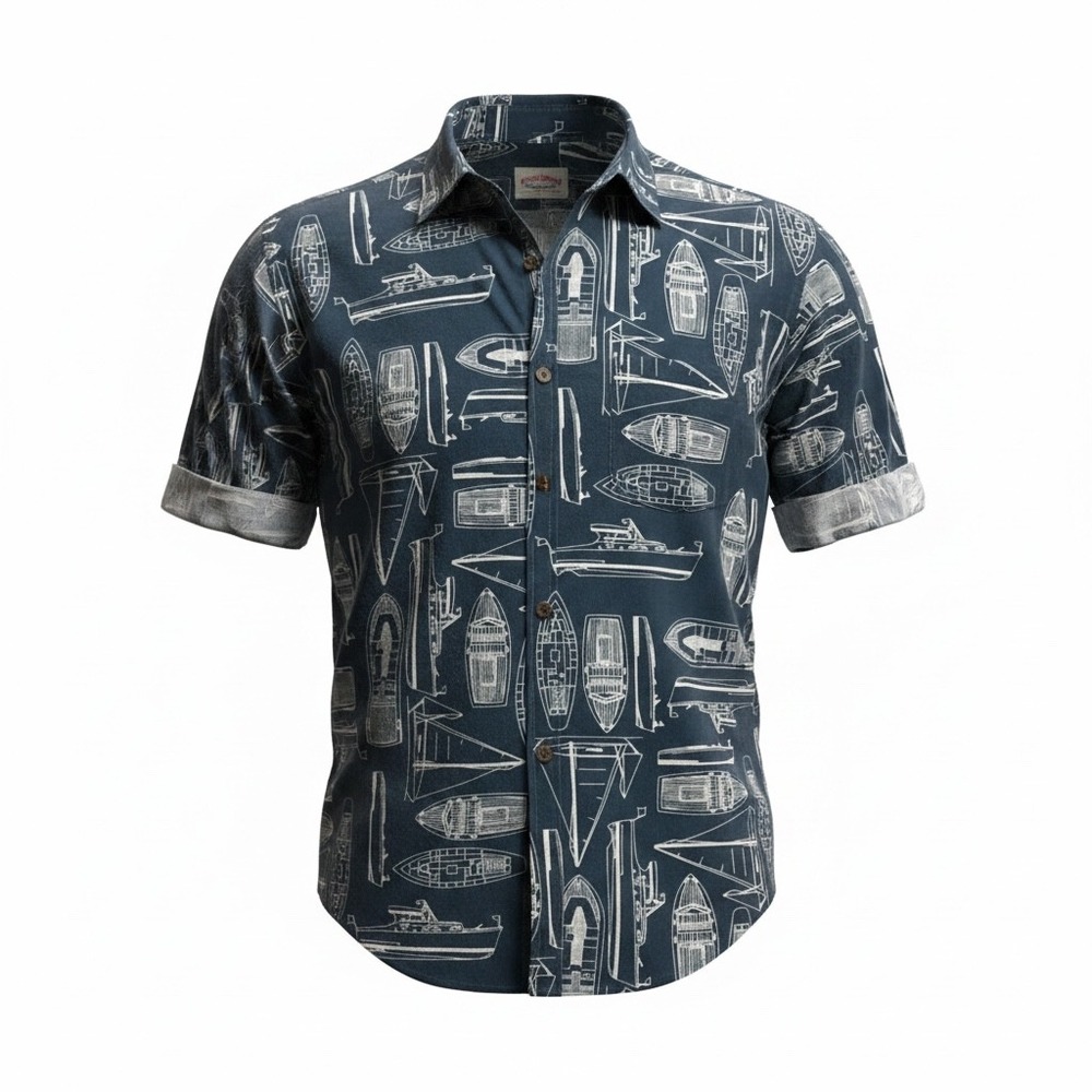 Savane Mens Blue White Nautical Boat Print Cotton Short Sleeve Button Down Shirt
